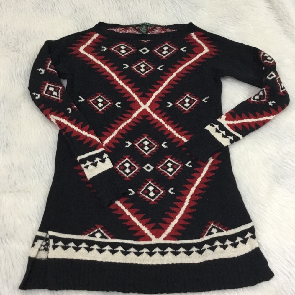 Lauren Ralph Lauren Aztec black red southwestern warm comfy sweater size xs